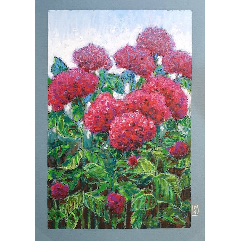 Red Hydrangea Shrub painting - Original oil pastel artwork
