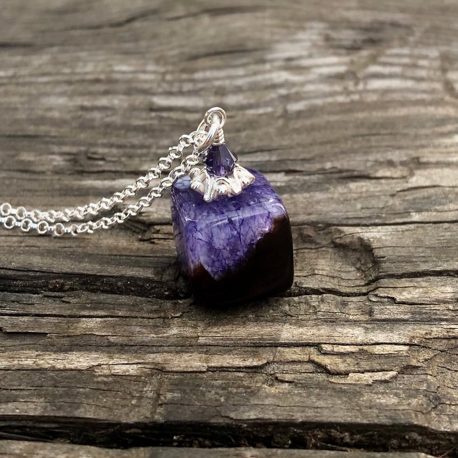 Purple Agate Cube With Karen Hill Tribe Silver and Swarovski Crystal Necklace