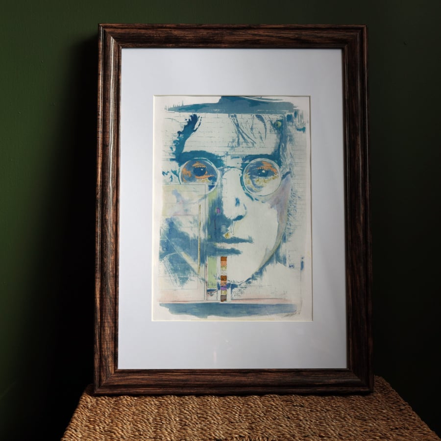 Framed A3 Hand Coloured Cyanotype Print of Lennon Mural plus Free A7 photo zine