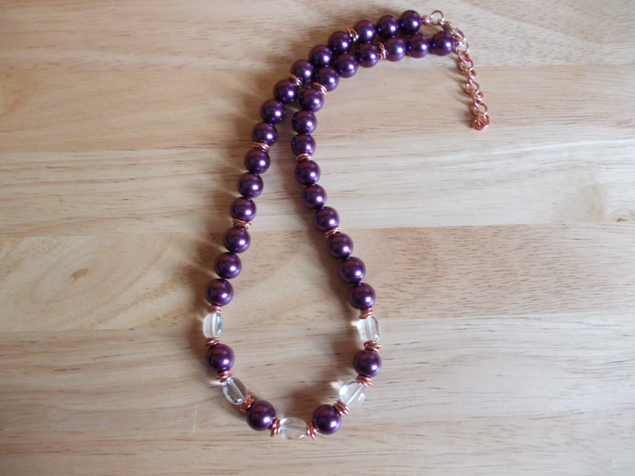Violet shell pearl and clear quartz necklace