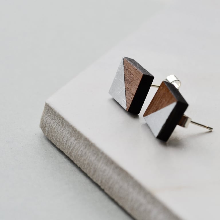 Wooden Square Ear Studs with Silver Leaf