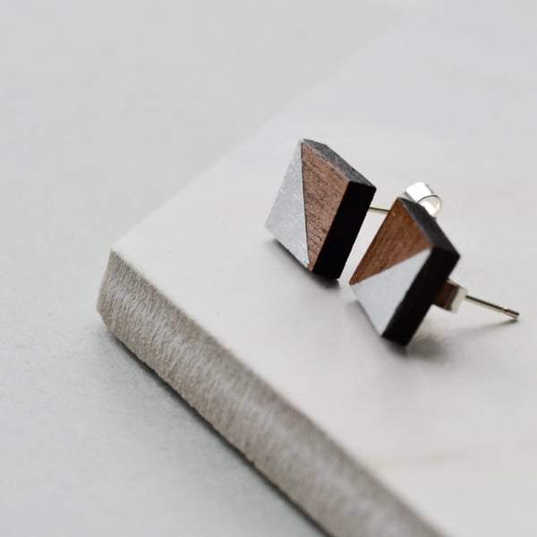 Wooden Square Ear Studs with Silver Leaf
