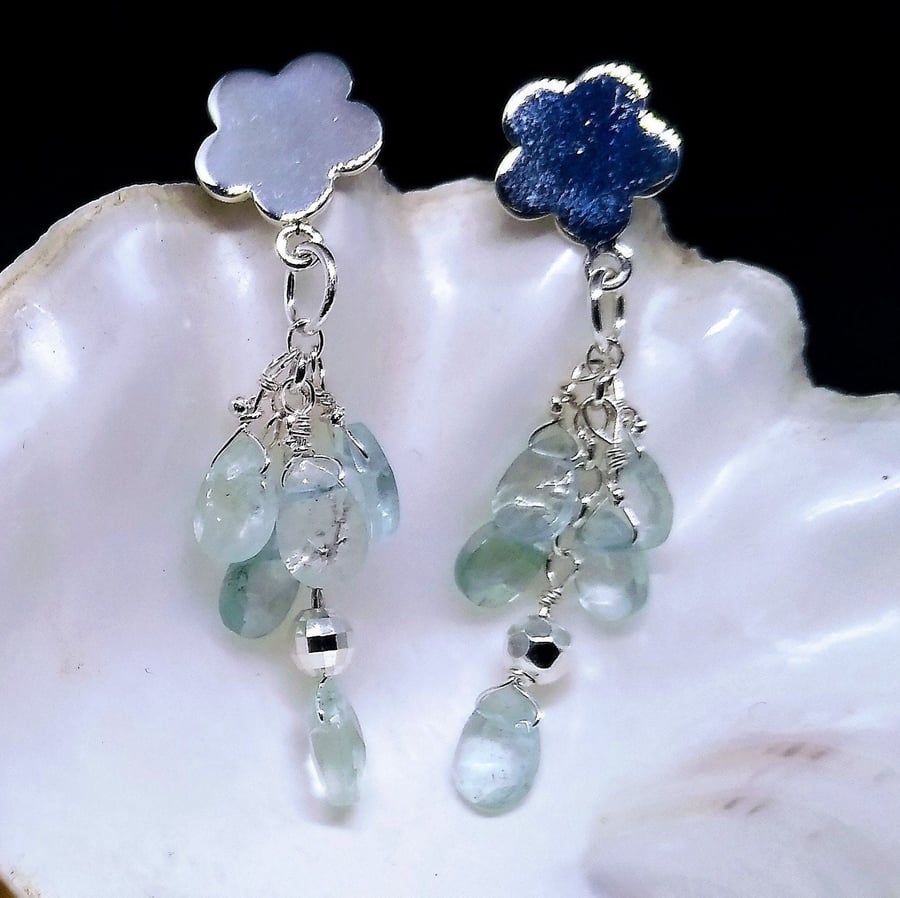 Aquamarine Silver Flower Earrings, Silver Aquamarine Cluster Drop Earrings, 