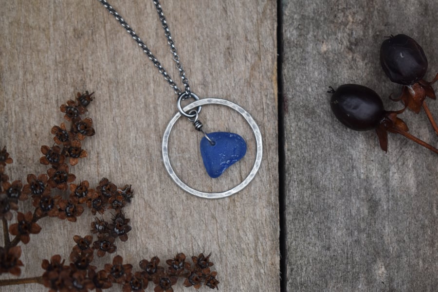 Blue Sea Glass and Recycled Sterling Silver Necklace, Scottish Seaglass