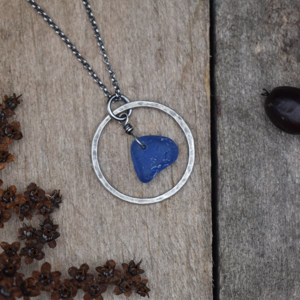 Blue Sea Glass and Recycled Sterling Silver Necklace, Scottish Seaglass