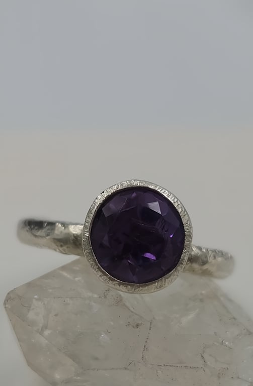 Forged Silver Ring with Faceted Purple Amethyst