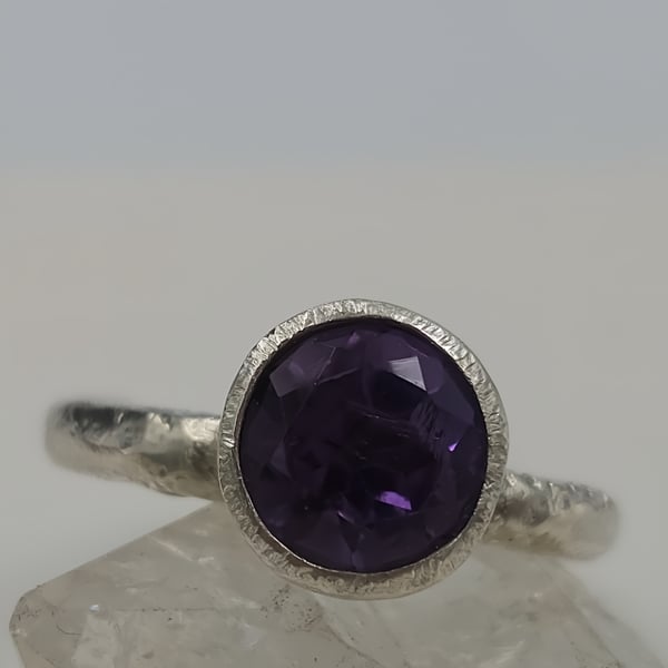 Forged Silver Ring with Faceted Purple Amethyst