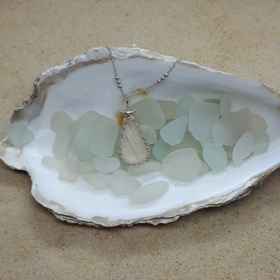 Beige grey sea glass and starfish pendant