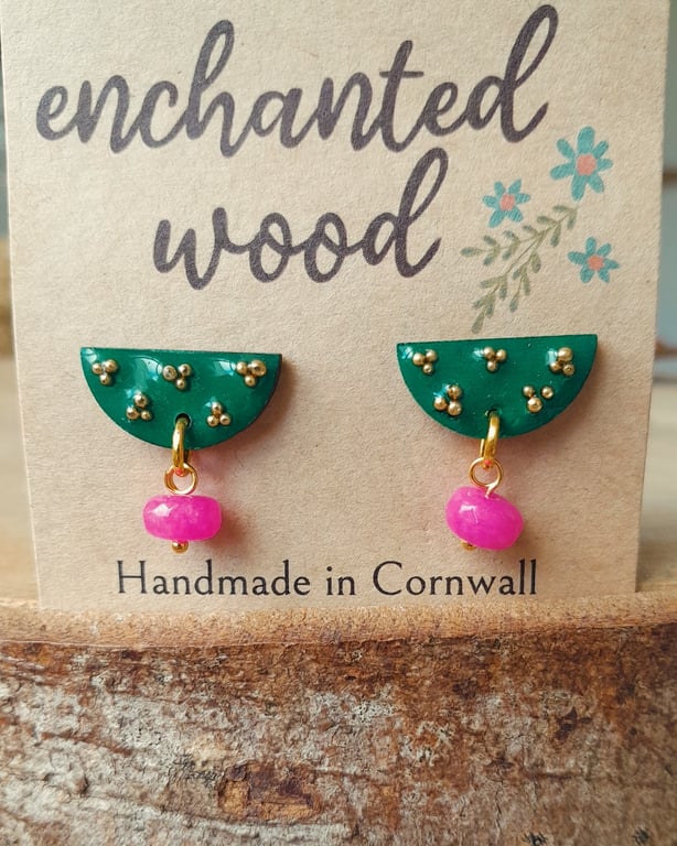 Green Wooden Celestial Resin Stud earrings Gold Pink