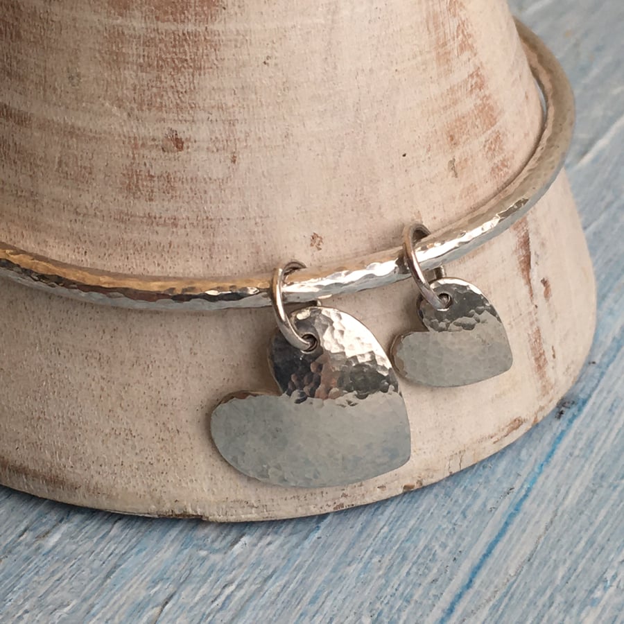 Parent & Child Heart Charm bangle, 3mm with 2 hearts.