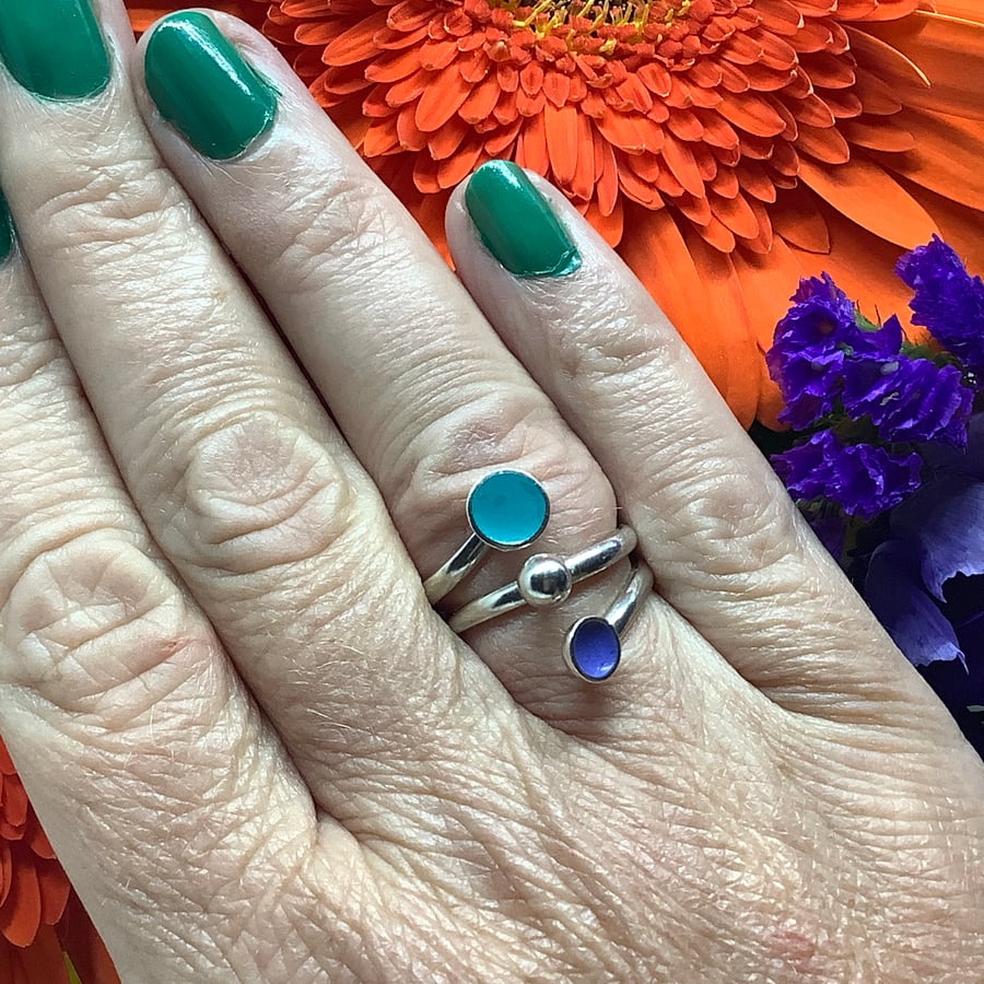 Sterling silver turquoise and purple enamel wrap ring 