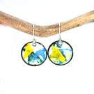 Abstract Colour enamel round drop earrings - white, green, blue, yellow