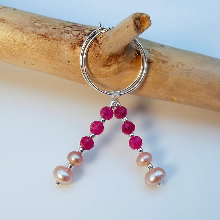 Faceted Ruby & Pearl Earrings, July Birthstone, 40th Anniversary Gifts For Her