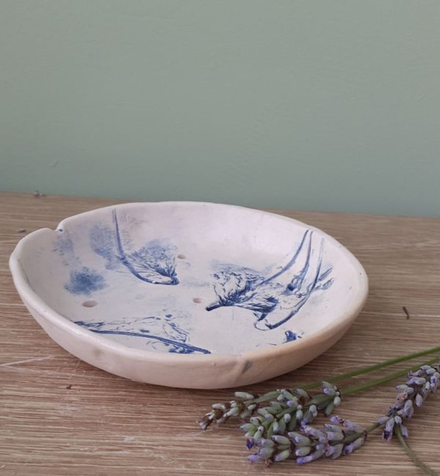 Blue & White Organic Floral Ceramic Soap Dish