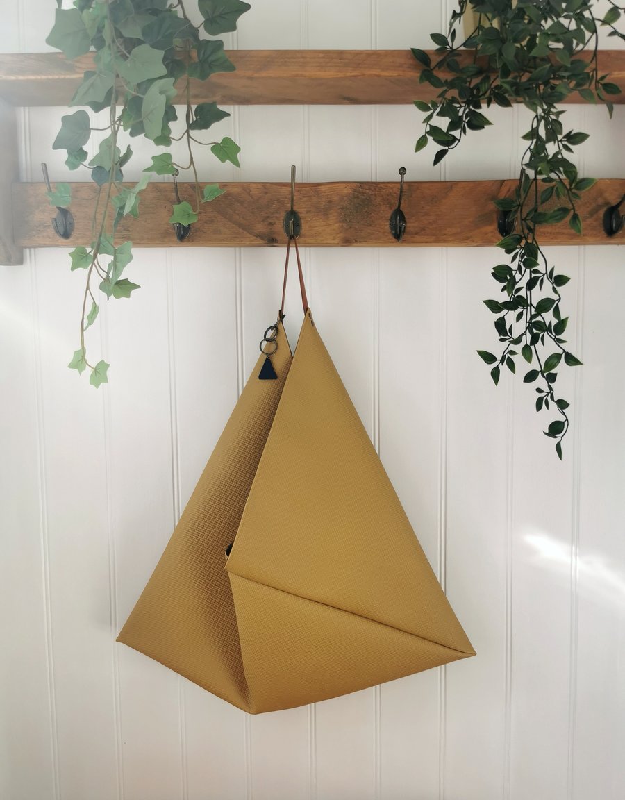 Mustard Vegan Leather Origami Bag with Faux Suede Straps and Charm