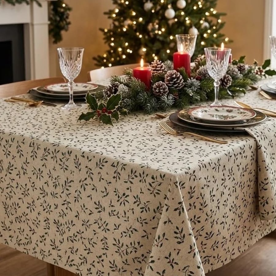 Christmas Holly Rectangle  Tablecloth  220 x 135cm Cotton