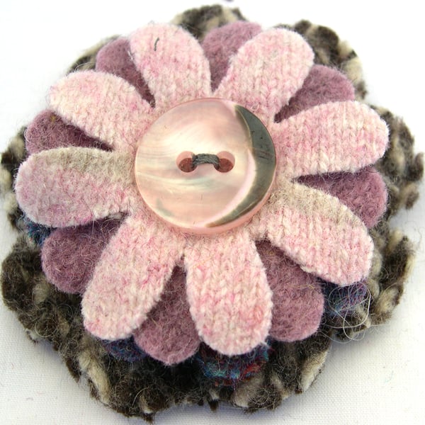 Knitted Felted Upcycled Flower Patterned Woollen wool Corsage Brooch Pin Badge
