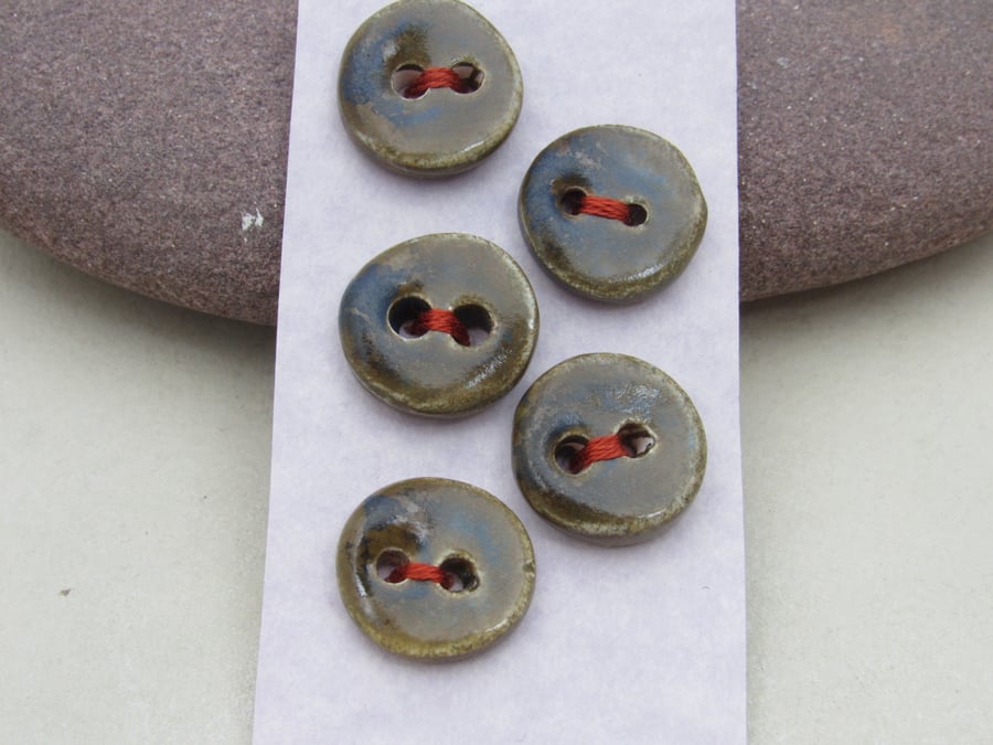 5 Small Round Stormy Olive Handmade Ceramic Buttons