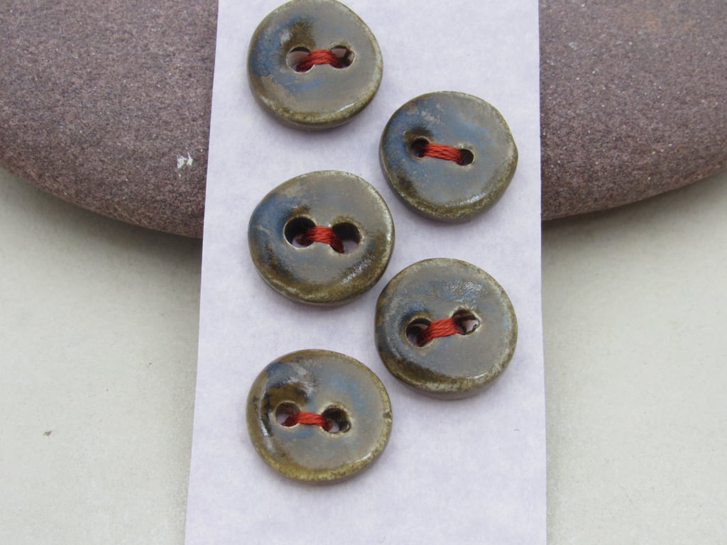 5 Small Round Stormy Olive Handmade Ceramic Buttons
