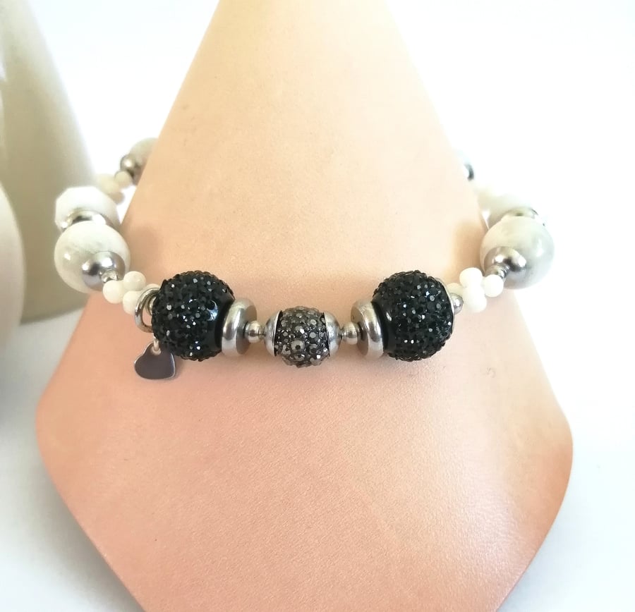 Monochrome bracelet, black and white beads, moonstone, agate coral beads