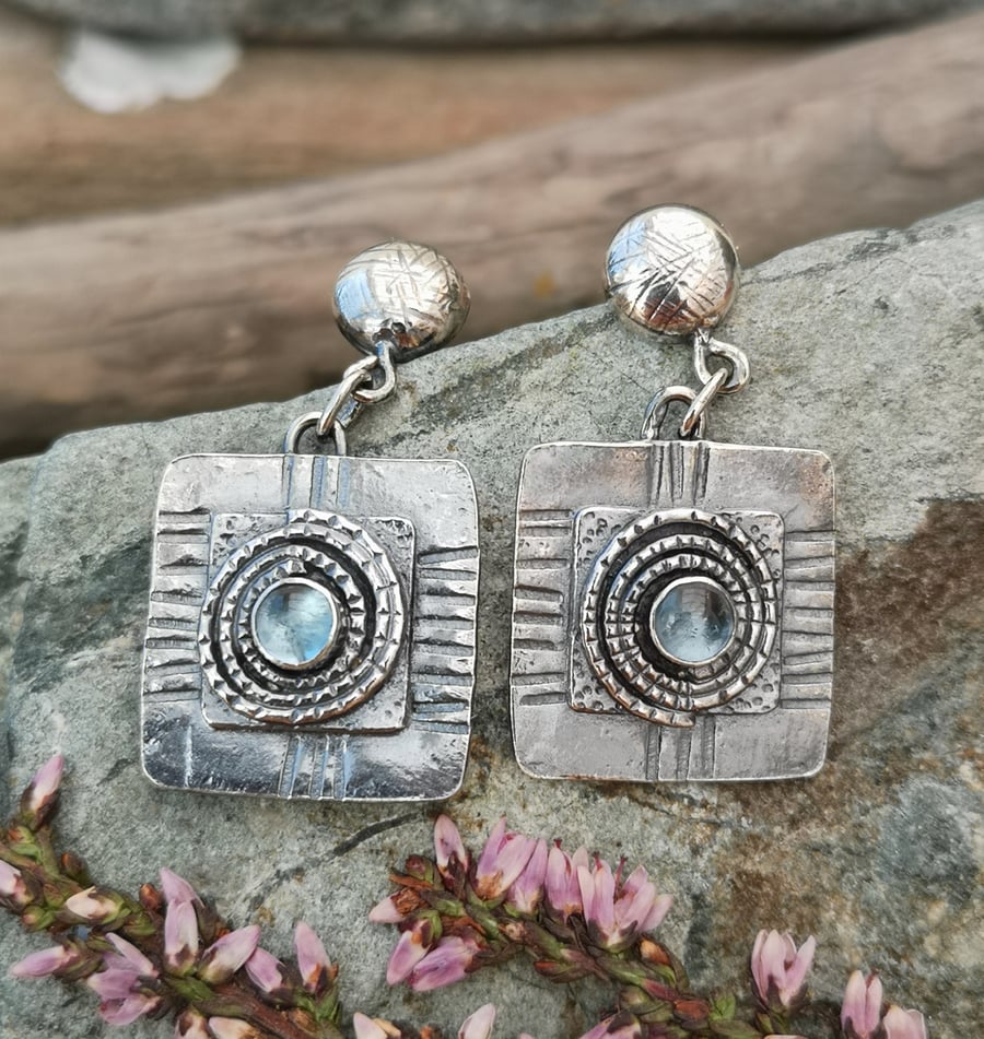 Sterling Silver Spiral Stud Drop Earrings with Blue Topaz