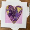 Up-cycled purple and gold embroidered heart card. 
