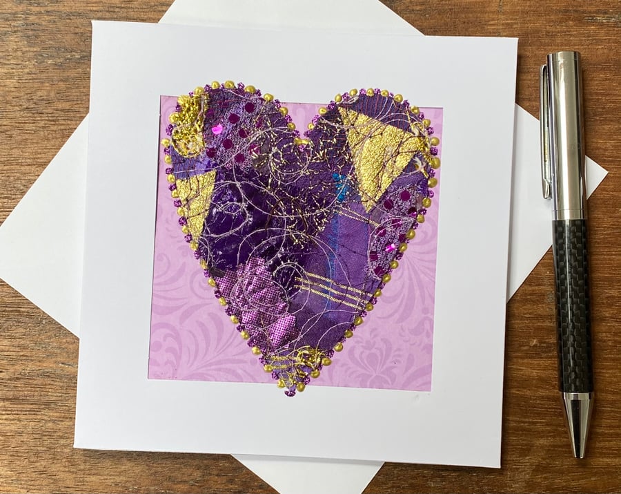 Up-cycled purple and gold embroidered heart card. 