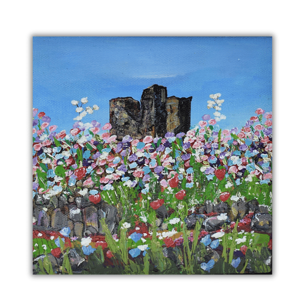 A framed acrylic painting of a Scottish castle and wildflowers - Castle Varrich