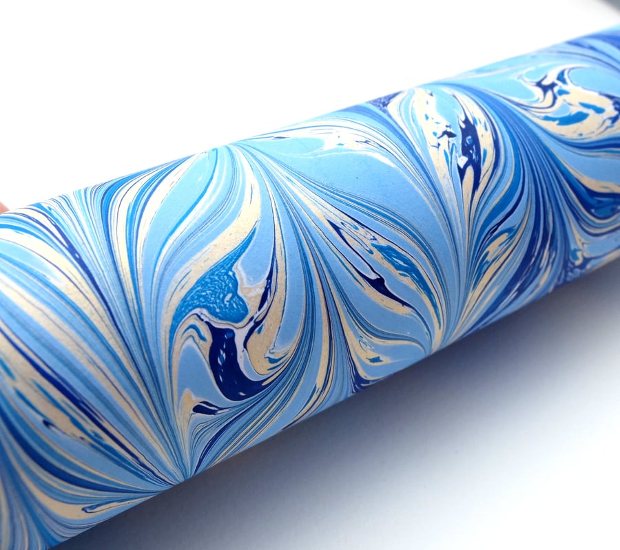 Handmade marbled paper A4 sheet blue gold feather pattern slight second 