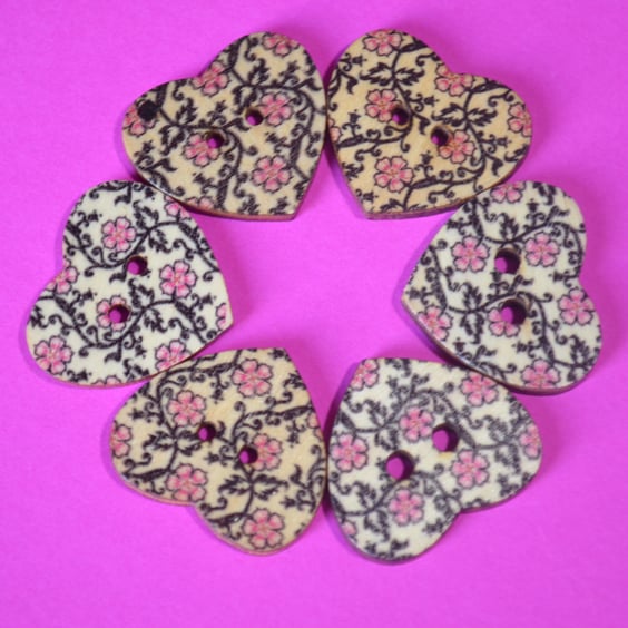 Wooden Heart Buttons Floral Pink & Black 6pk 25x22mm (H31)