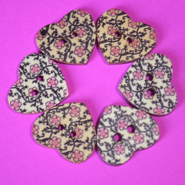 Wooden Heart Buttons Floral Pink & Black 6pk 25x22mm (H31)