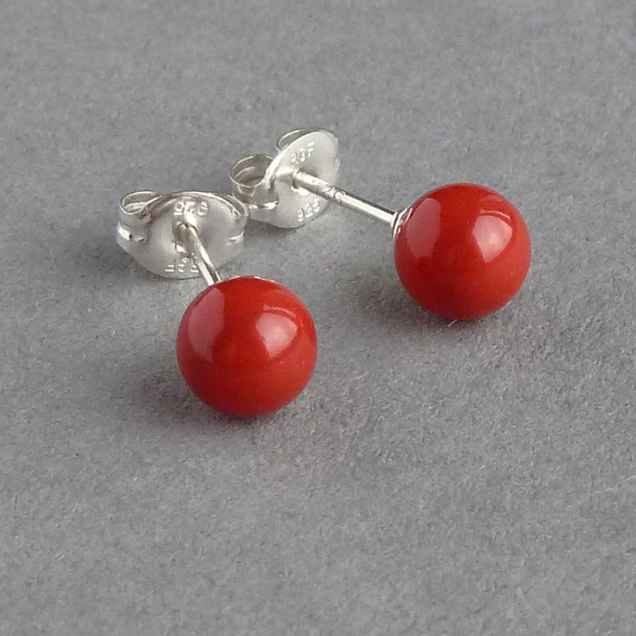6mm Coral Red Glass Pearl Stud Earrings - Round Poppy Coloured Studs - Tomato