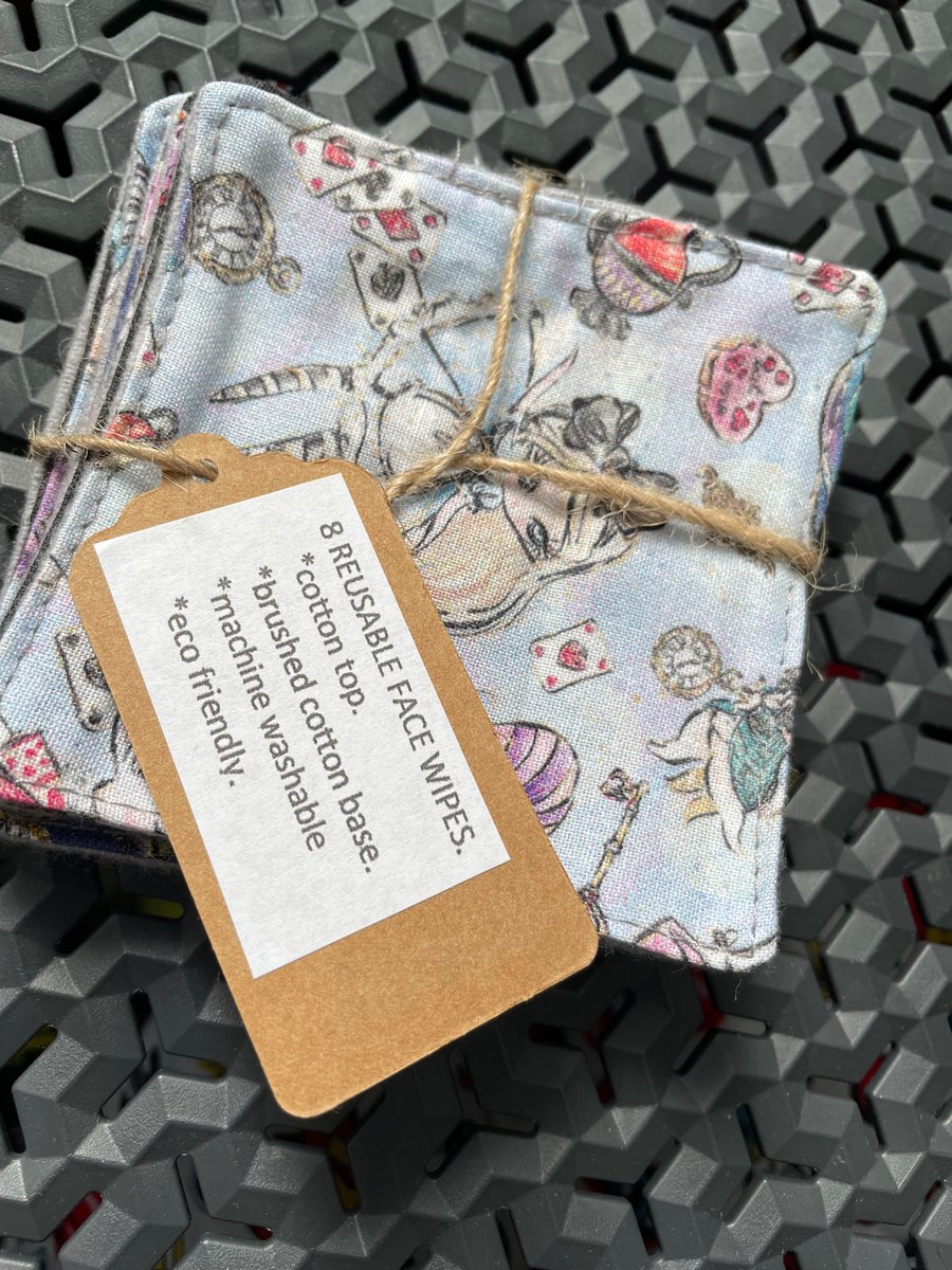 Handmade Alice in wonderland themed reusable face wipes pack of 8