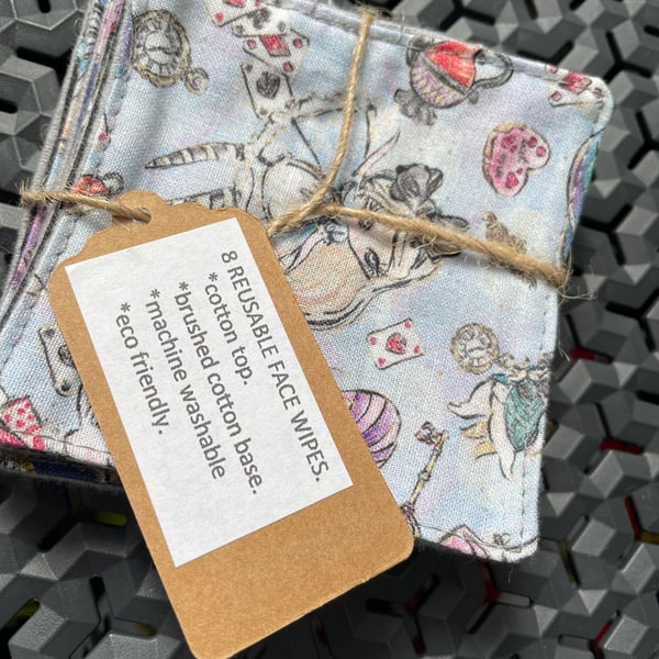 Handmade Alice in wonderland themed reusable face wipes pack of 8