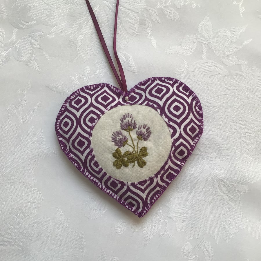 Lavender heart, purple, hand embroidered, hanging decoration, scented, thank you