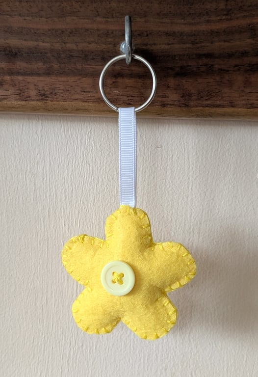 Handmade handsewn felt flower keyring - yellow