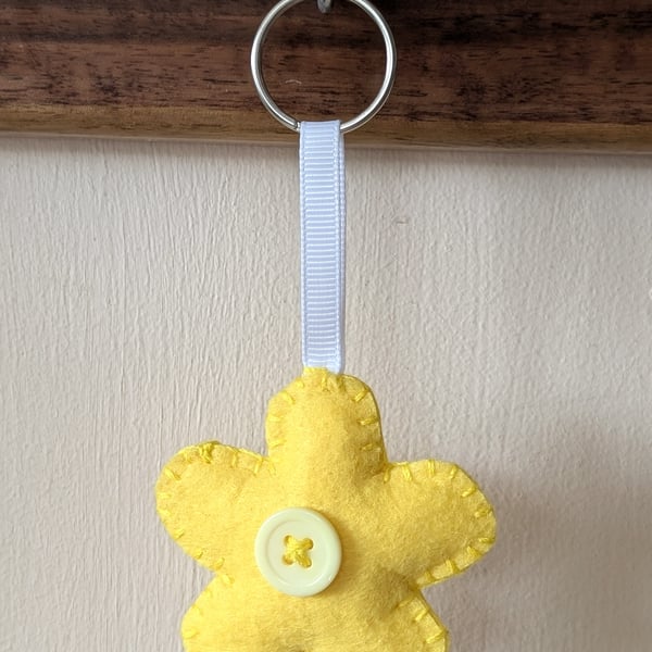 Handmade handsewn felt flower keyring - yellow