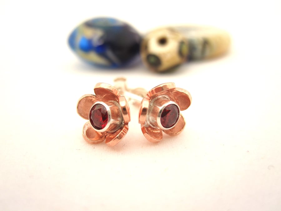 Copper flower Crystal stud earrings - silver, handmade, metalsmith, daisy petals