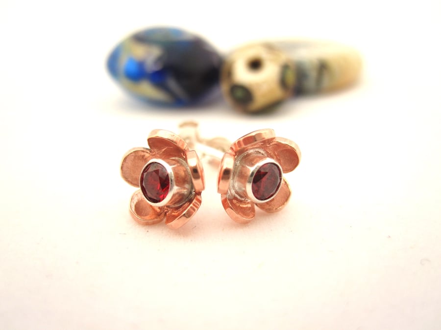 Copper and silver Red flower Crystal stud earrings - metalsmith, daisy petals