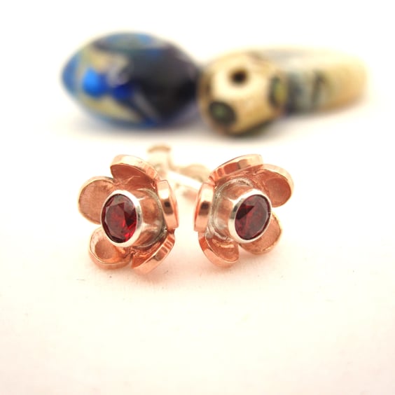 Copper flower Crystal stud earrings - silver, handmade, metalsmith, daisy petals