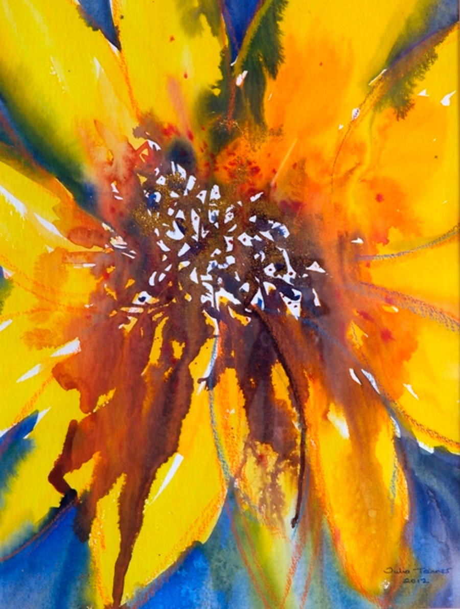 Large abstract sunflower painting, original watercolour flower, with glitter