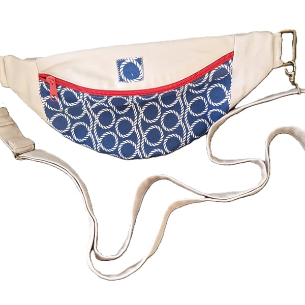 Handcrafted crossbody bum bag or fanny pack with adjustable strap and bright zip