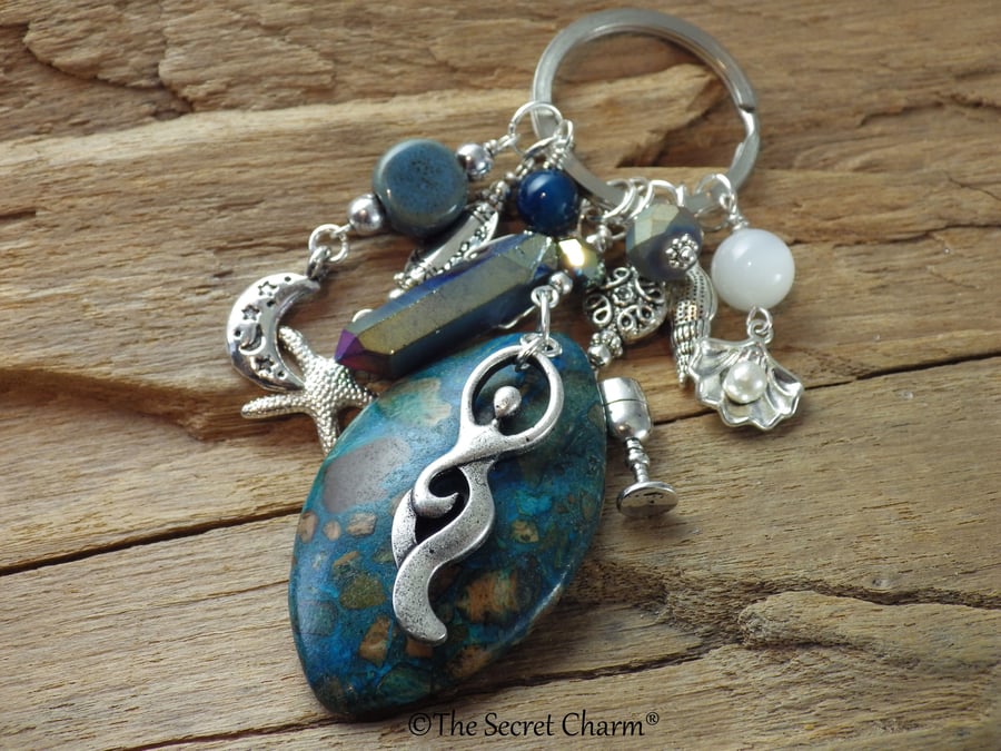 Sea Goddess Gemstone Bag Charm, Keychain Keyring, Loaded Purse Charm