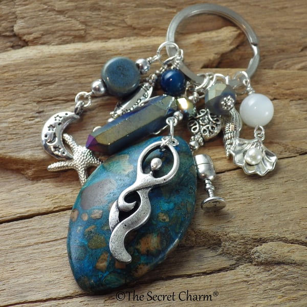 Sea Goddess Gemstone Bag Charm, Keychain Keyring, Loaded Purse Charm