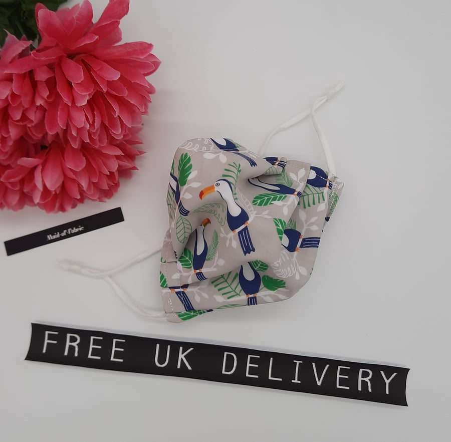 Face mask, small, adjustable,  3 layer,  nose wire, washable in toucan