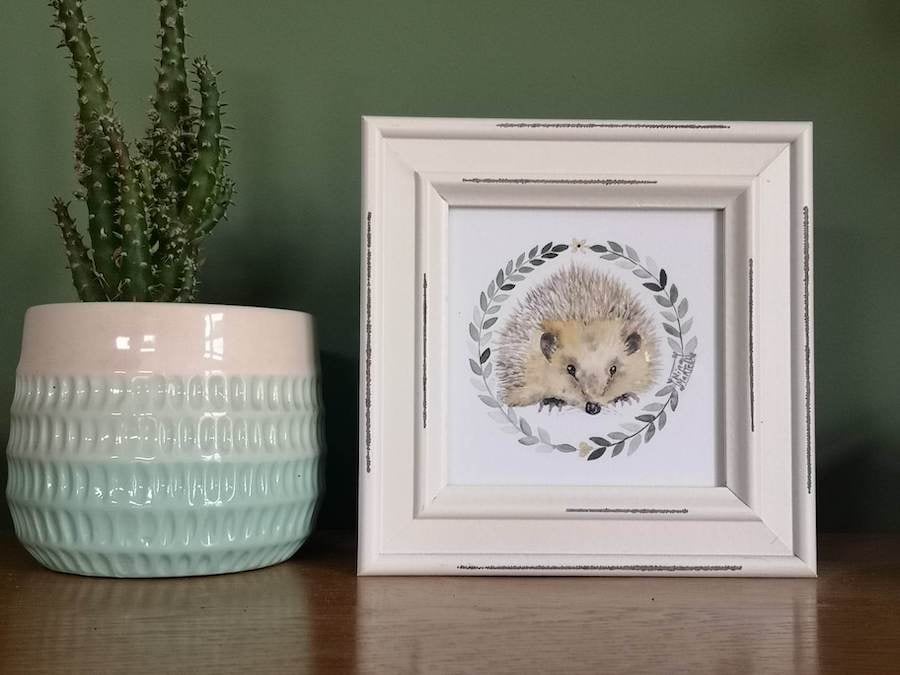 Framed Original. Watercolour . Hedgehog Painting  . 4 x 4 inches Nina Martell