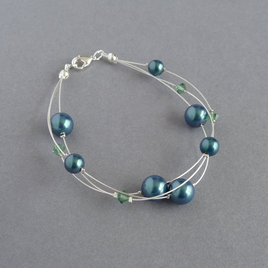 Teal Floating Pearl Bracelet - Bridesmaid Gift - Peacock Green Wedding Jewellery
