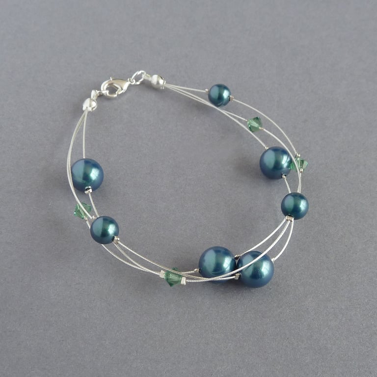 Teal Floating Pearl Bracelet - Bridesmaid Gift - Peacock Green Wedding Jewellery