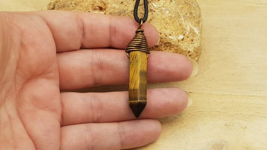 Mens Tigers eye point pendant necklace. Wire Wrap Reiki charged