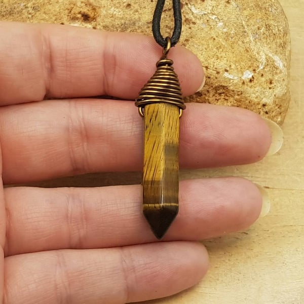 Mens Tigers eye point pendant necklace. Wire Wrap Reiki charged